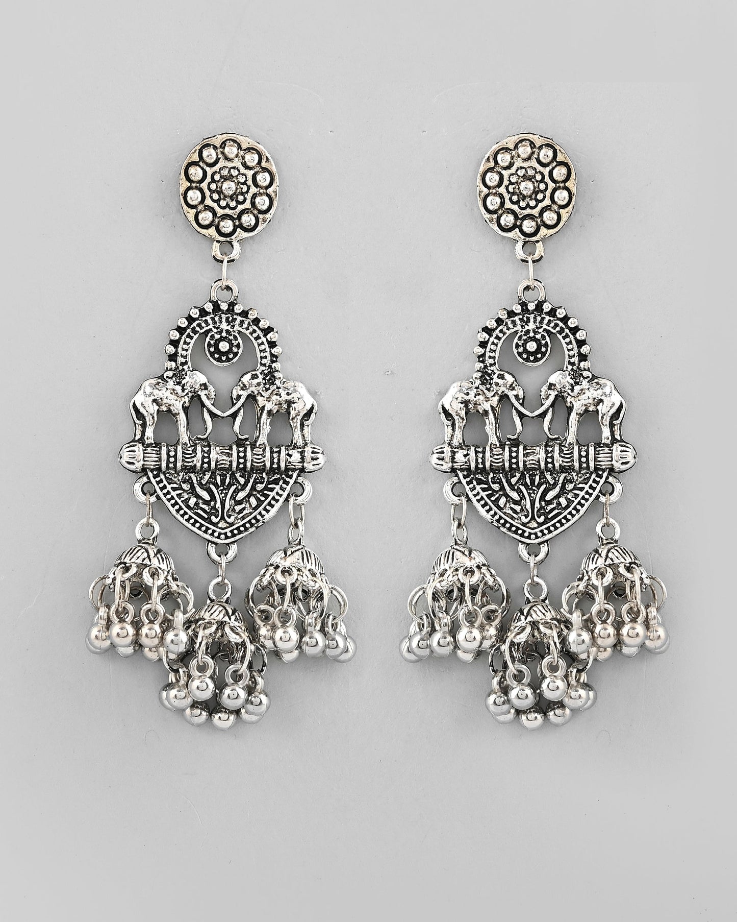 VOJ Silver-Plated Elephant Oxidized Contemporary Drop Earrings
