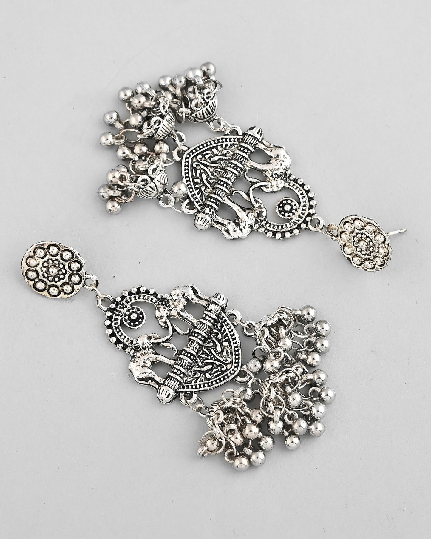 VOJ Silver-Plated Elephant Oxidized Contemporary Drop Earrings