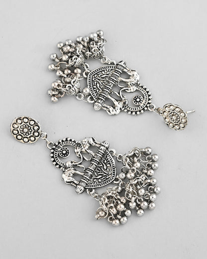 VOJ Silver-Plated Elephant Oxidized Contemporary Drop Earrings