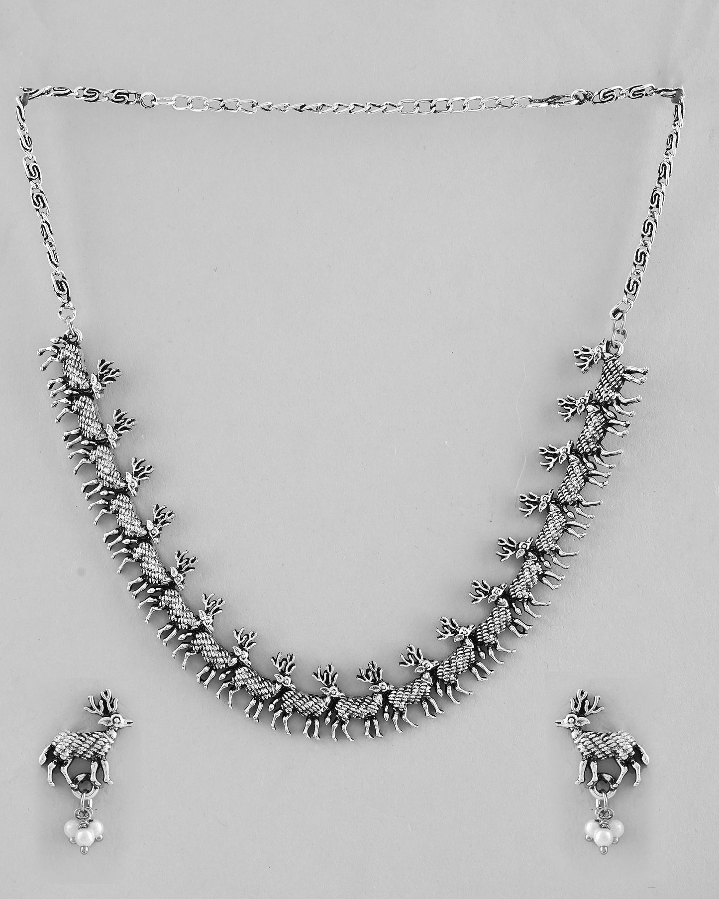VOJ Rhodium-Plated Deer Oxidized Contemporary Choker With Earrings Set