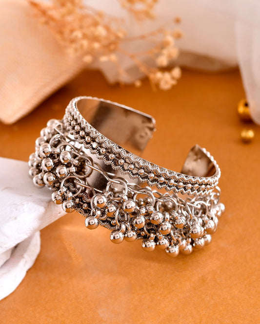 VOJ Silver-Plated Ghungroo Studded Oxidized Cuff Bracelet