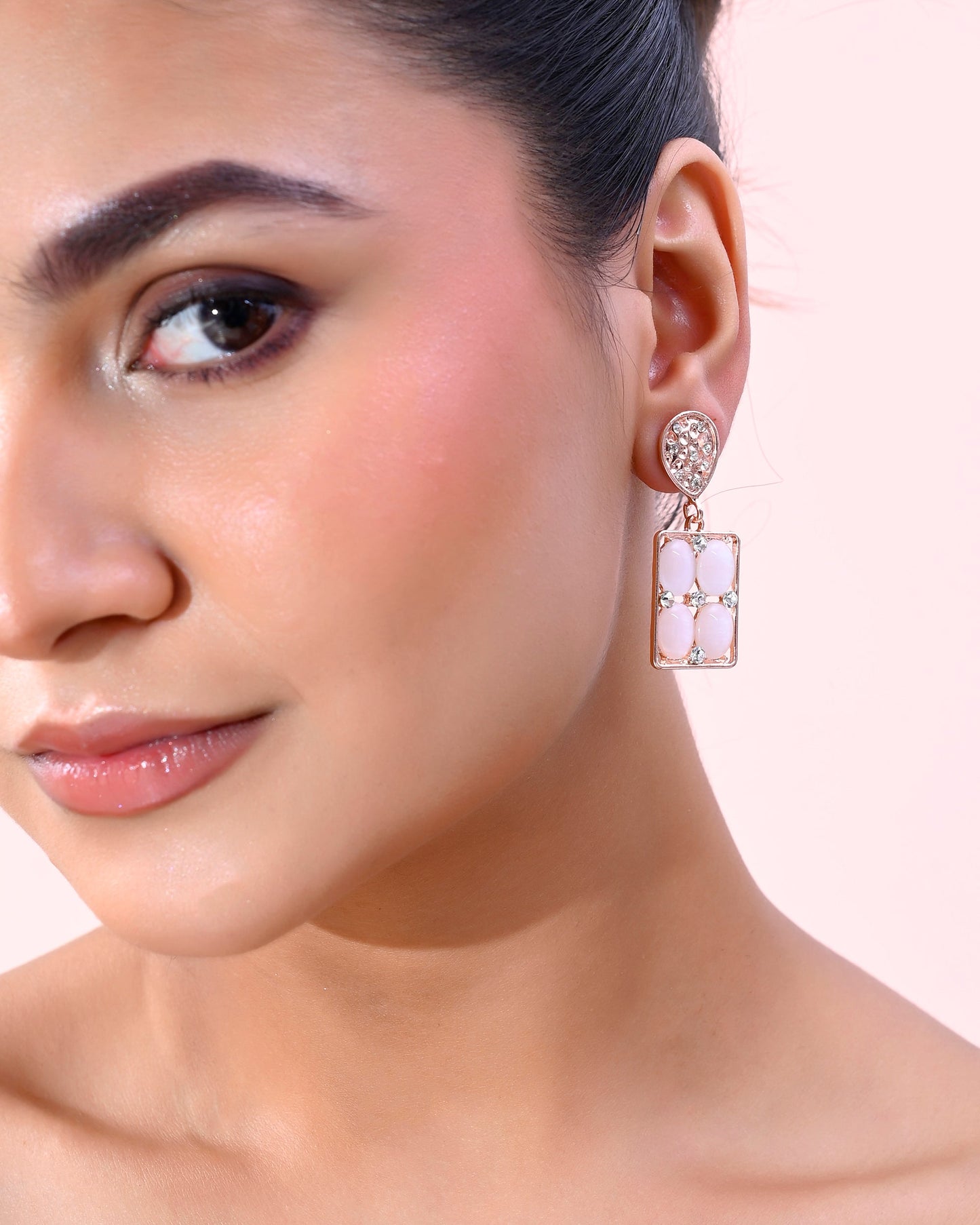 VOJ Rose Gold-Polished Stone Studded Rectangular Drop Earrings