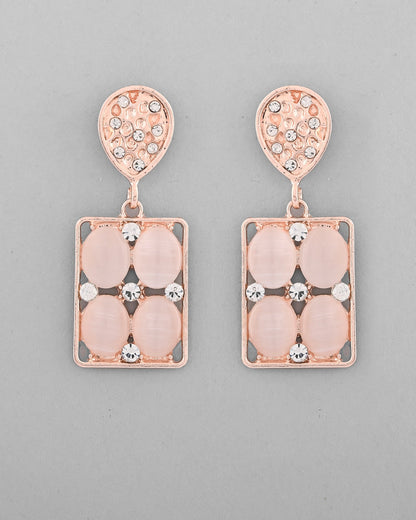 VOJ Rose Gold-Polished Stone Studded Rectangular Drop Earrings