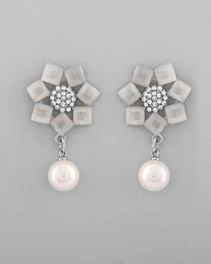 VOJ Silver Plated Floral Stone Studded Earrings