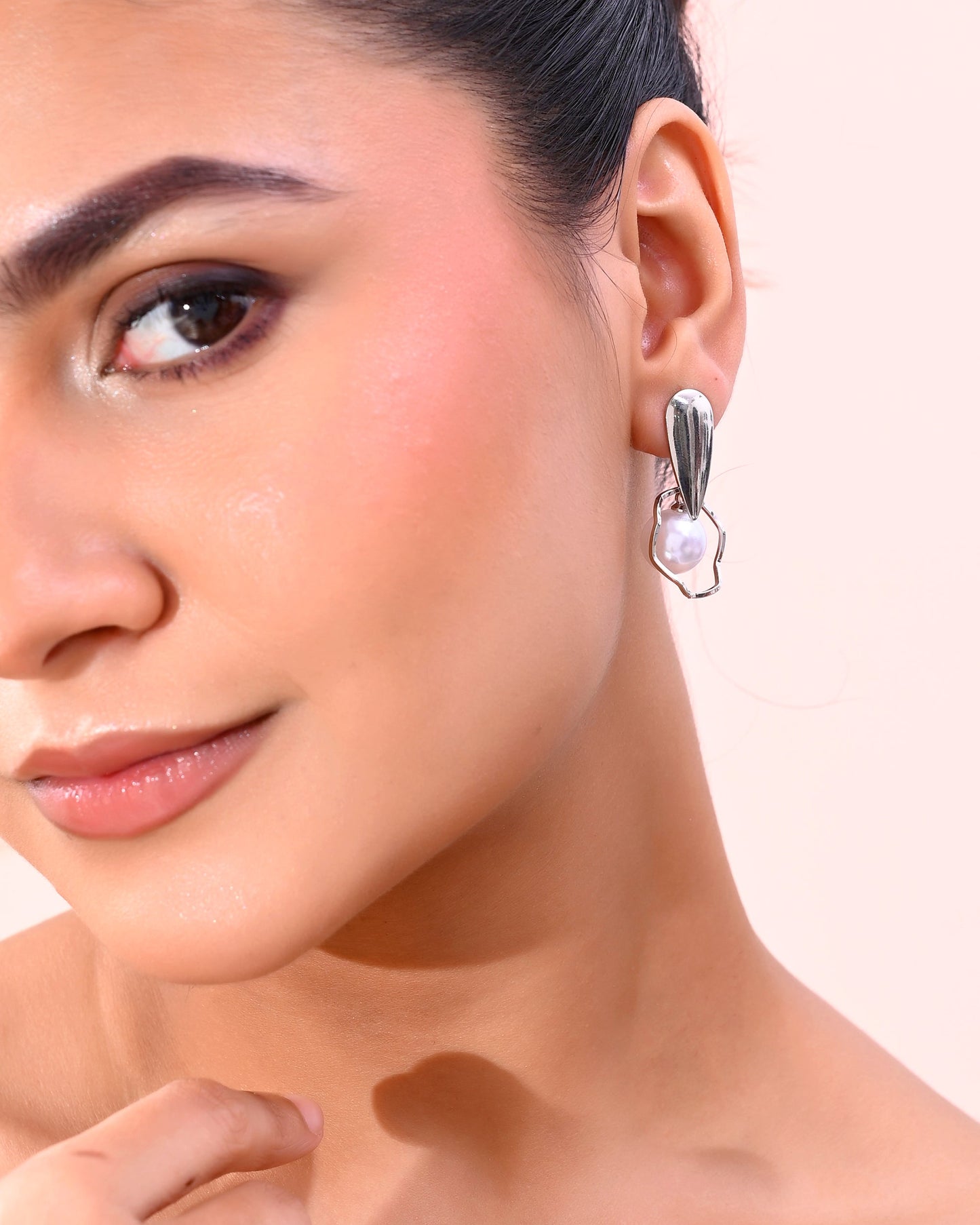 VOJ Silver-Plated Handcrafted Pearl Studded Korean Drop Earrings