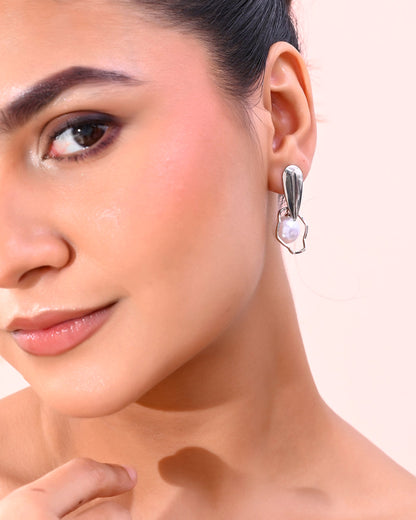 VOJ Silver-Plated Handcrafted Pearl Studded Korean Drop Earrings