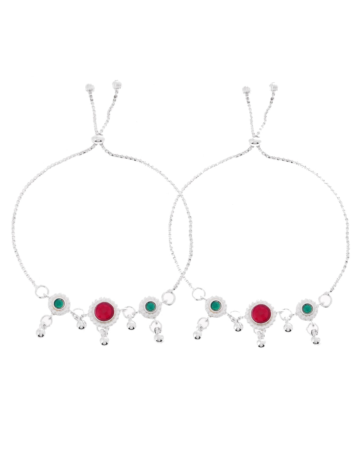 VOJ Set of 2 Silver-Plated Artificial Stones And Beads Anklet