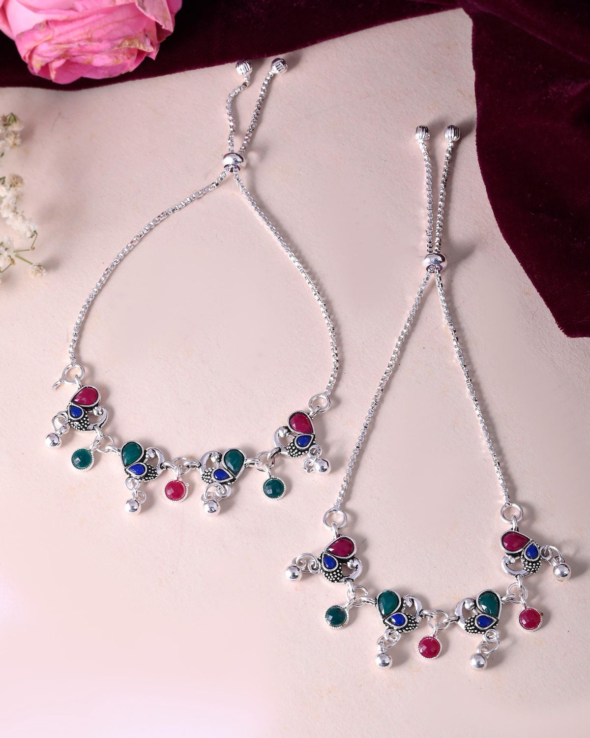 VOJ Set of 2 Silver-Plated Peacock Shaped Artificial Stones Anklet