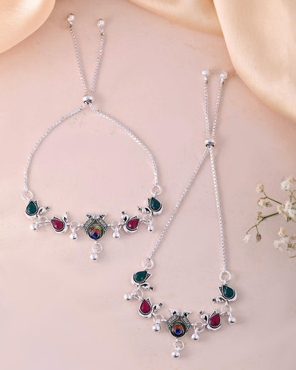 VOJ Set of 2 Silver-Plated Peacock Shaped Stone Studded Anklets