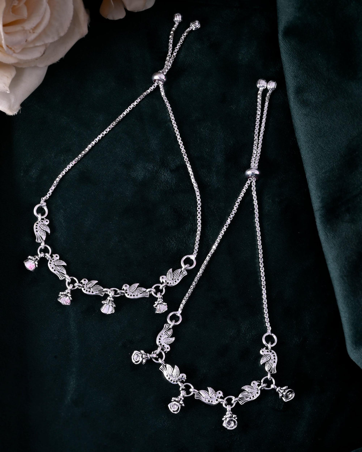 VOJ Set of 2 Silver Plated Bird And Rose Shaped Anklet