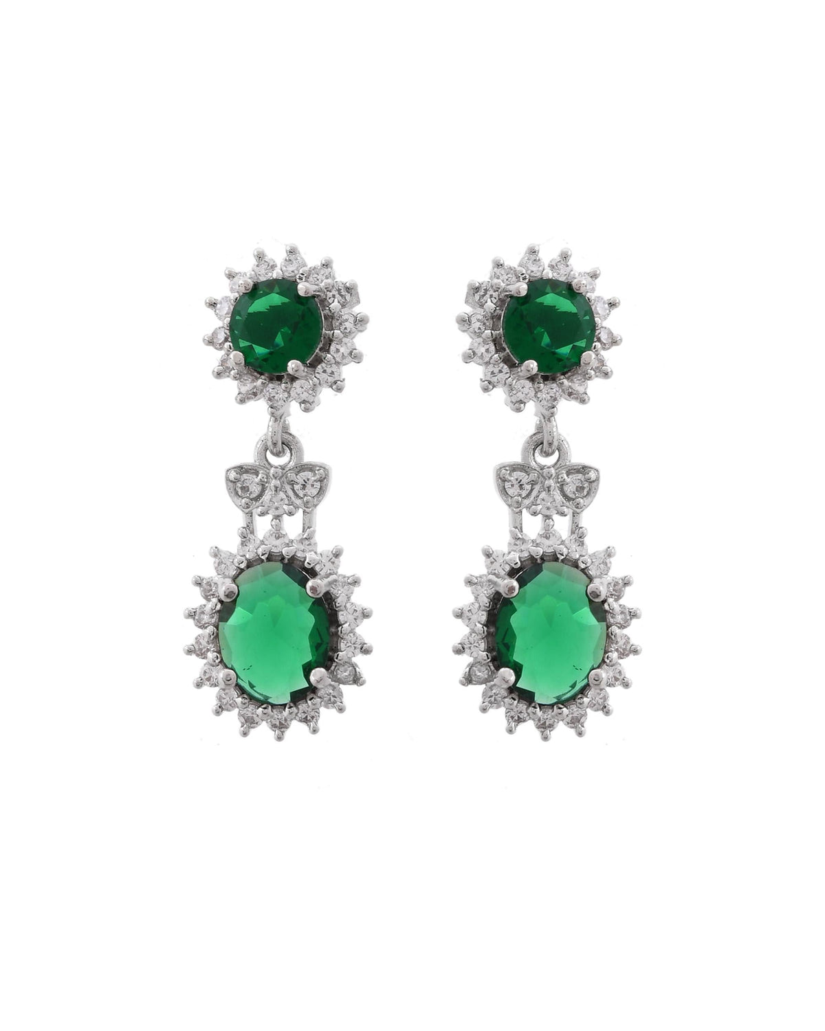 VOJ Silver Plated Green Ad Stone Studded Necklace With Earrings Set