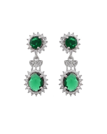 VOJ Silver Plated Green Ad Stone Studded Necklace With Earrings Set