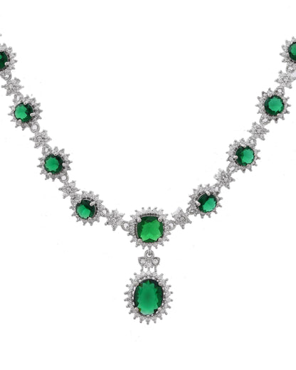 VOJ Silver Plated Green Ad Stone Studded Necklace With Earrings Set