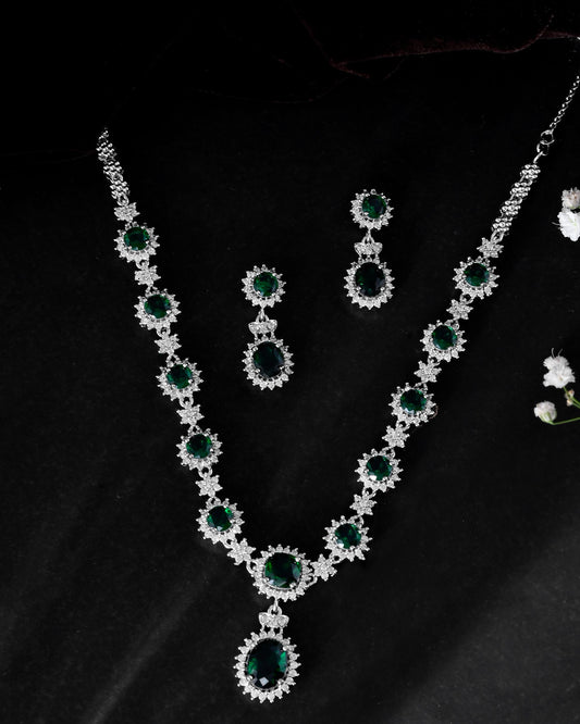 VOJ Silver Plated Green Ad Stone Studded Necklace With Earrings Set