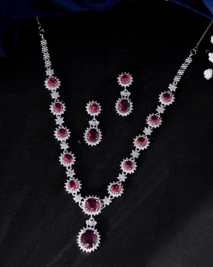 VOJ Silver Plated Red Ad Stone Studded Designer Jewellery Set