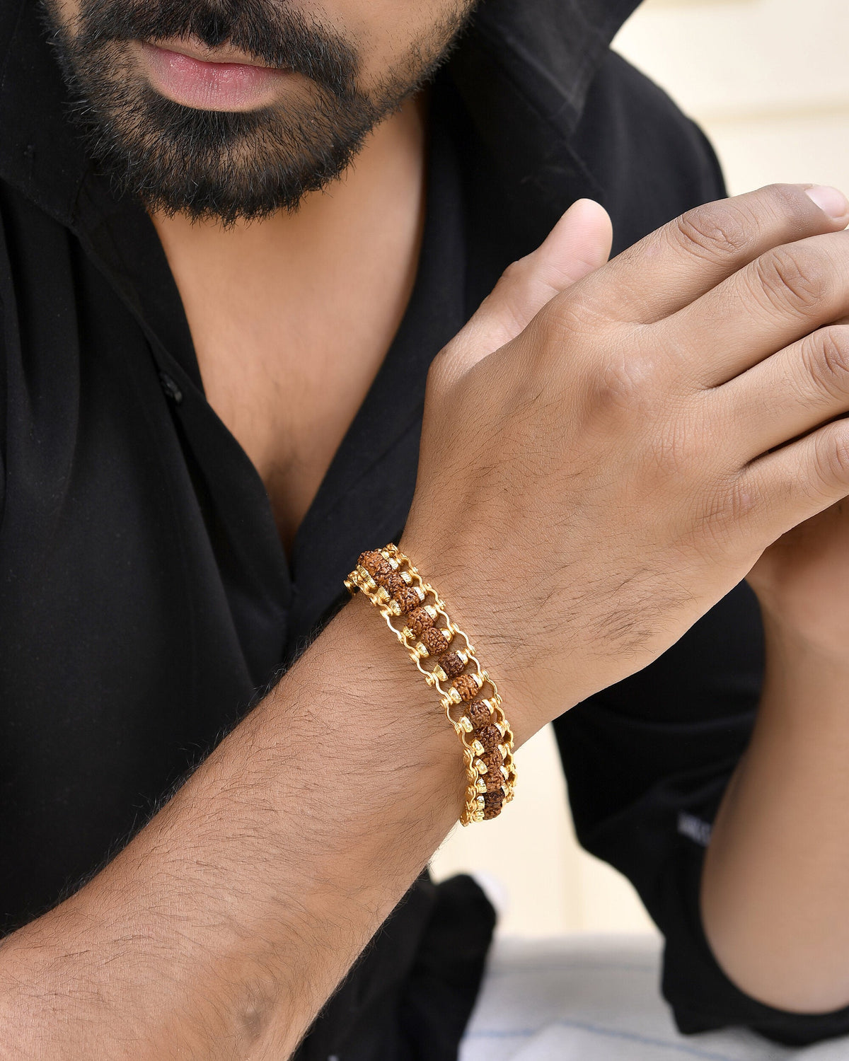 VOJ Gold-Polished Rudraksha Men's Bracelet