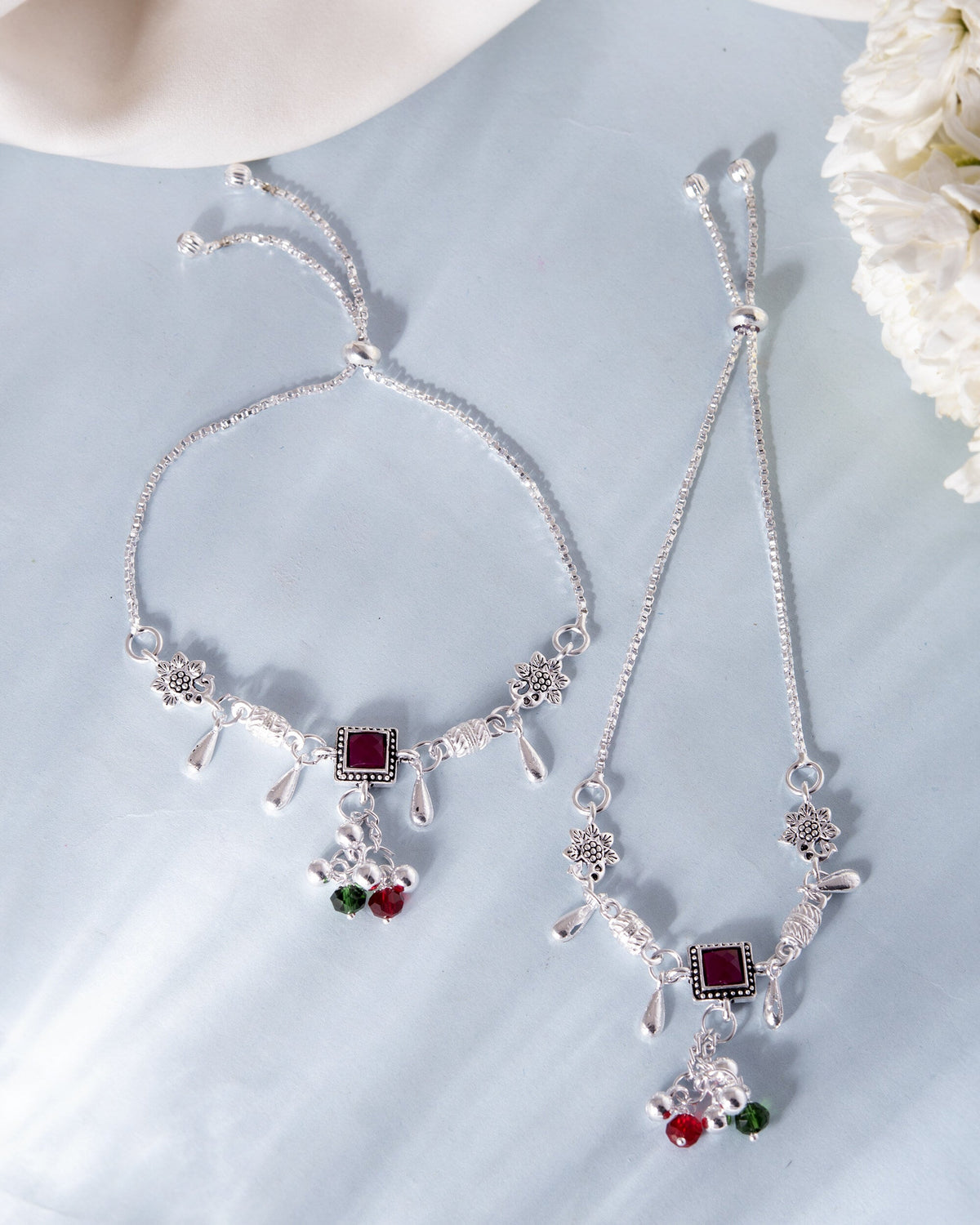 VOJ Set of 2 Silver Plated With Beads Anklet