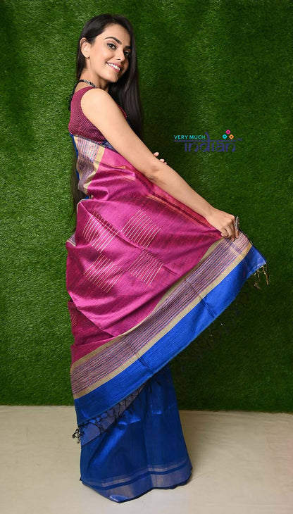 Very Much Indian Handwoven Raw Silk Dupion Saree - Cobalt Blue With Purple Pallu