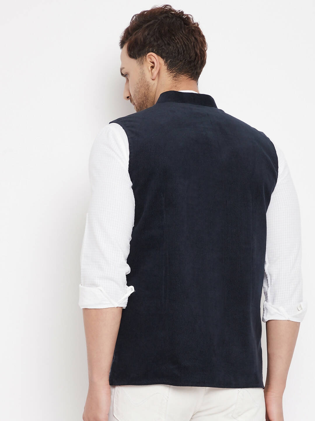 Even Apparels Navy Polyester Men's Nehru Jacket-Contrast Lining-Inbuilt Pocket Square