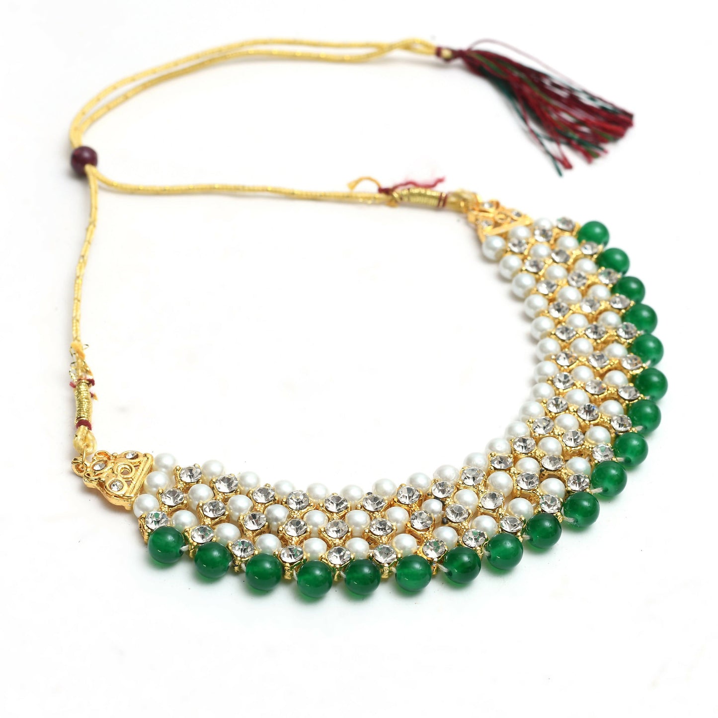 Mominos Fashion Johar Kamal Gold-Polished Rani Haar with Cream Green and Off white Pearls Jewellery Set