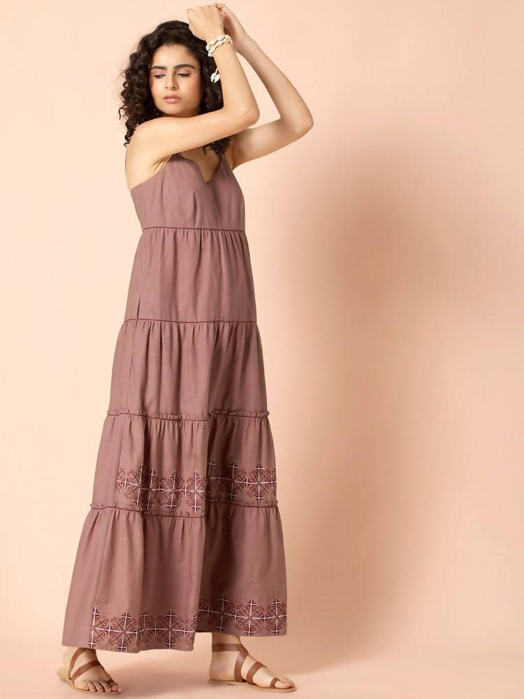 Indya Rose Pink Embroidered Tiered Maxi Dress