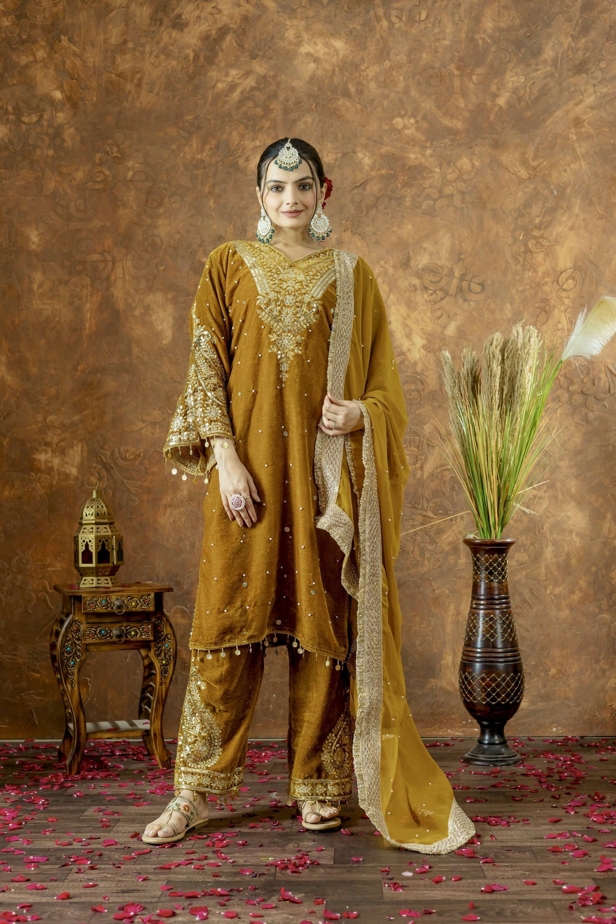 Teeya Creation Yellow Color Velvet Silk Embroidery Work Party Wear Suit