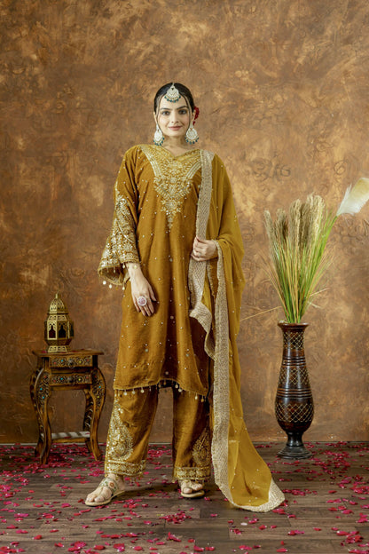 Teeya Creation Yellow Color Velvet Silk Embroidery Work Party Wear Suit