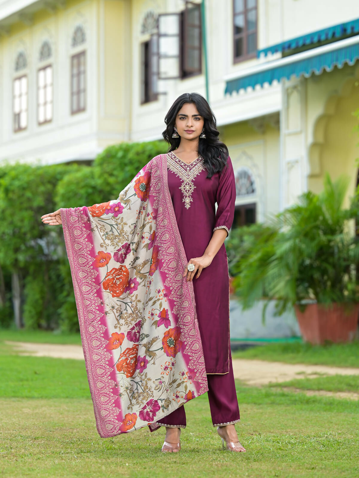 Juniper Women's Wine Solid Viscose Kurta Pant With Dupatta Set With Zari & Mirror Embroidery
