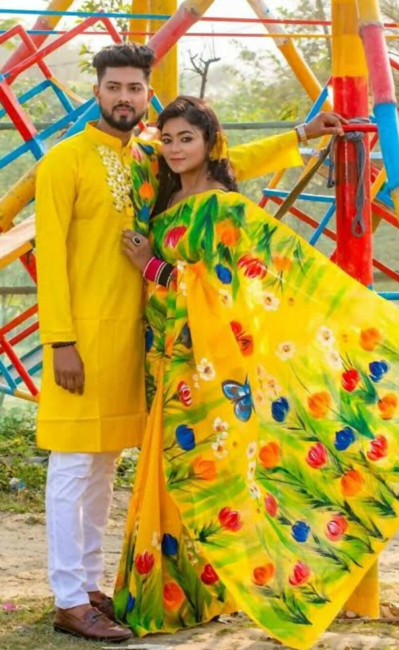 Exclusive Collection Elegant Hand Printing Designe On Pure Cotton Saree And Men's Kurta - Yellow