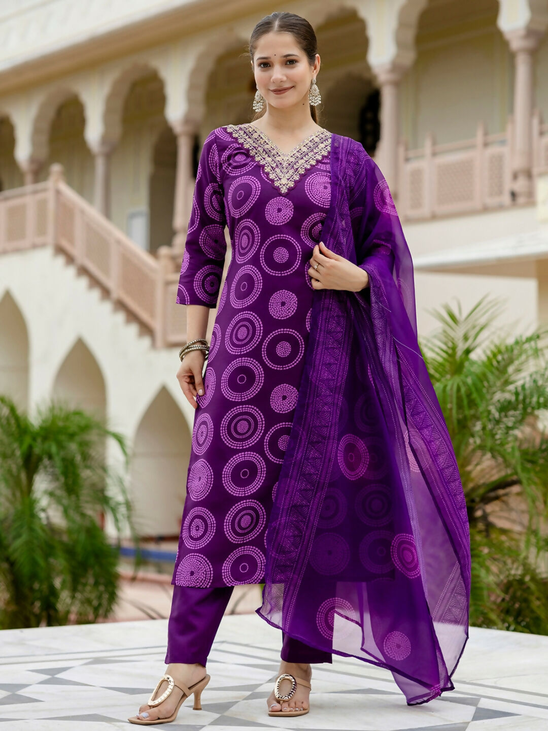 The52 Purple Women's Gorgeous Rayon Embroidered Straight Kurta with Pant And Dupatta Set