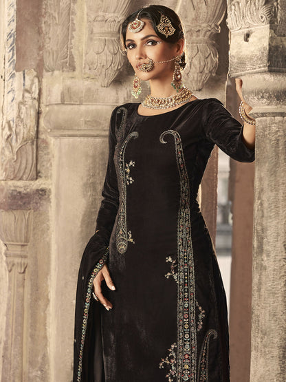 Jyoti Fashion Women's Brown Velvet Floral Resham Thread with Jari work Kurta with Trouser & Dupatta