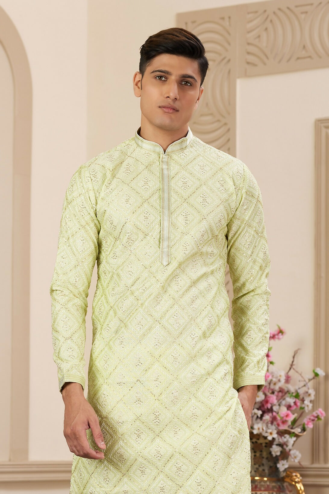 Raivat Ethnic Men's Art Silk Thread Work Kurta Pyjama In Green Colour