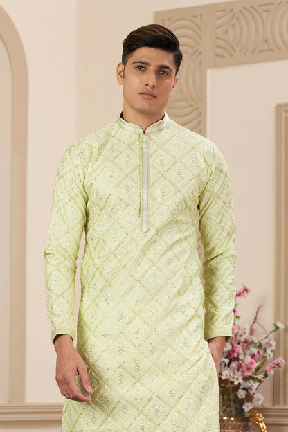 Raivat Ethnic Men's Art Silk Thread Work Kurta Pyjama In Green Colour