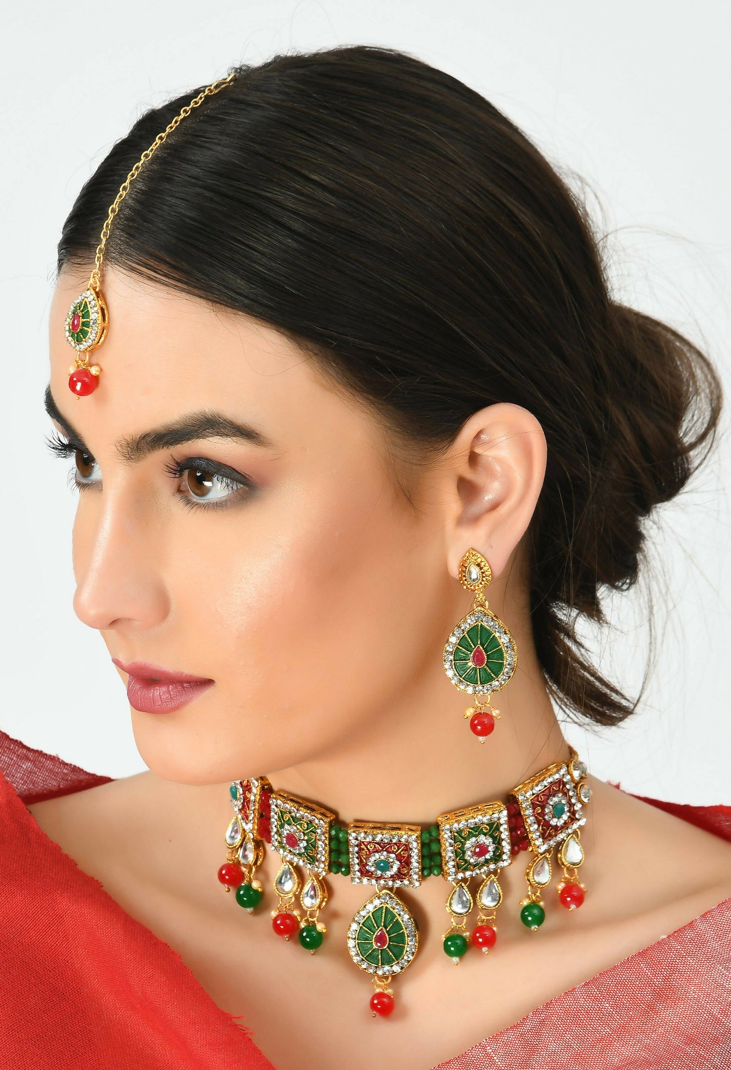 Mominos Fashion Johar Kamal Gold-Polished Brass Finish Meena & Pearls Work Choker For Women