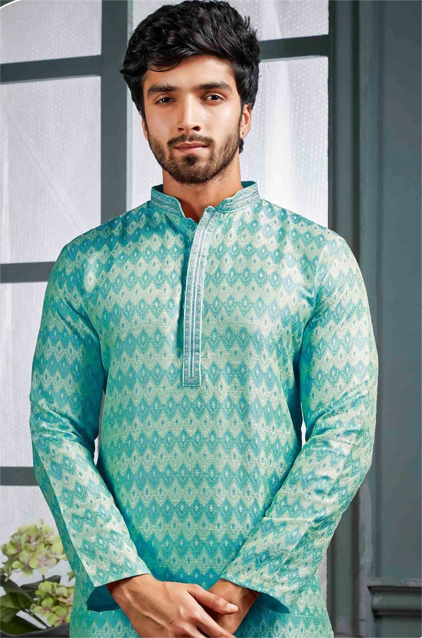 Joban Fashion Men's Sky Blue Poly Jacquard Kurta Pajama