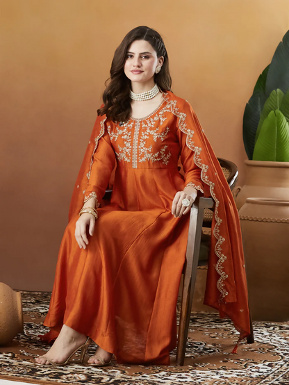 The52 Orange Women's Beautiful Vichitra Silk Fabric Embroidered Work Flared Anarkali Pant and Dupatta Set