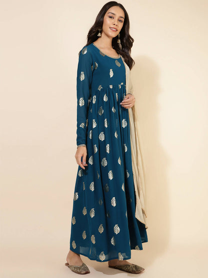 Janasya Women's Teal Blue Georgette Foil Printed Festive Flared Kurta Set