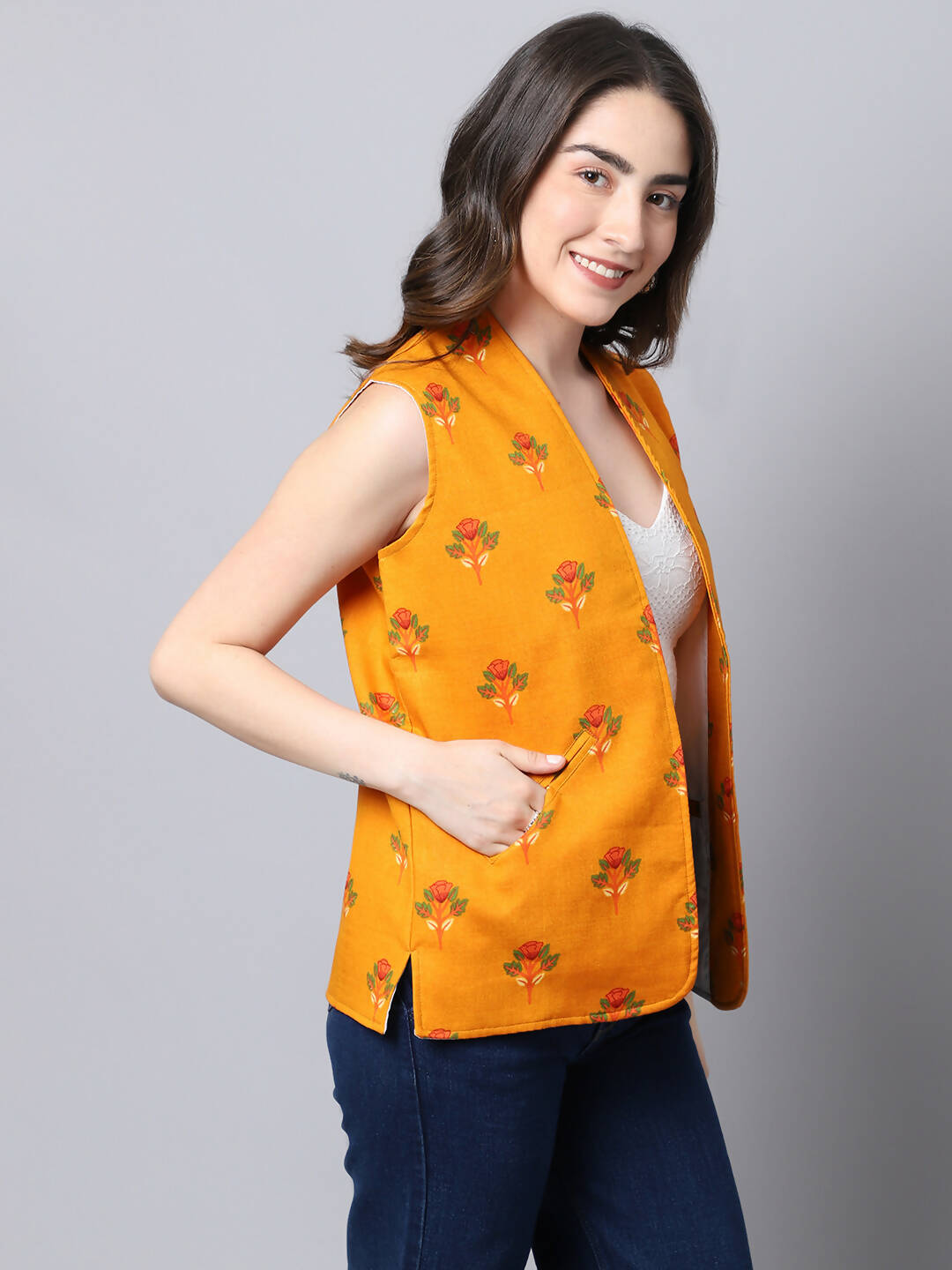 Even Apparels Yellow Viscose Rayon Open Front Waistcoat