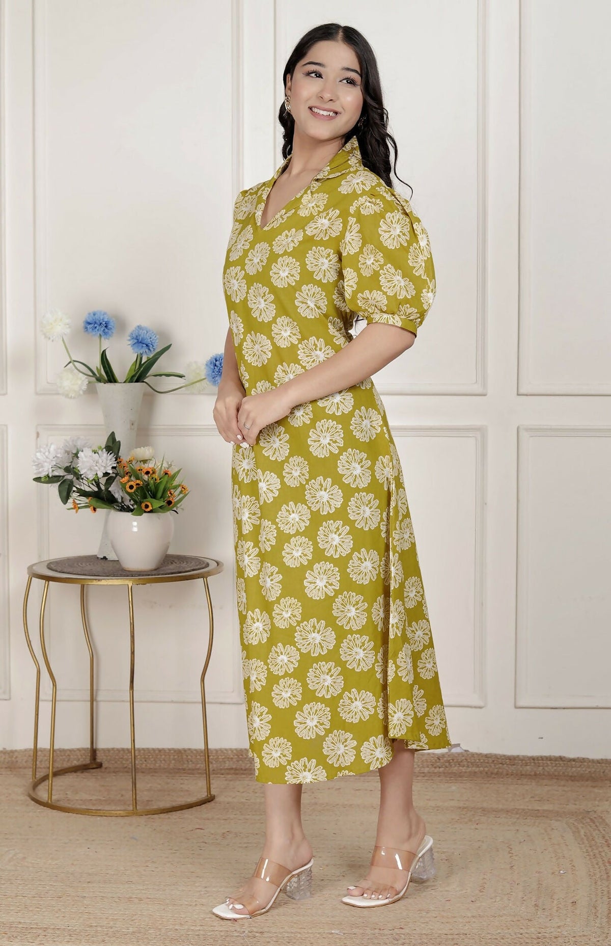Miravan Women'S Yellow Printed Puff Sleeve Floral Maxi Party Dress