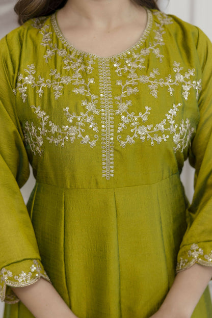The52 Light Green Women's Beautiful Vichitra Silk Fabric Embroidered Work Flared Anarkali Pant and Dupatta Set