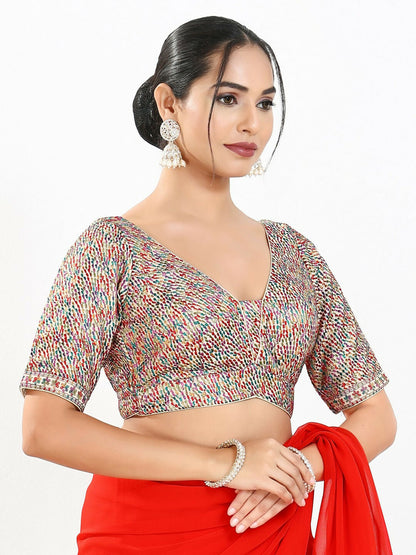 Joban Fashion Multi Mulberry Silk Padded Blouse With V Neck Elbow Sleeves