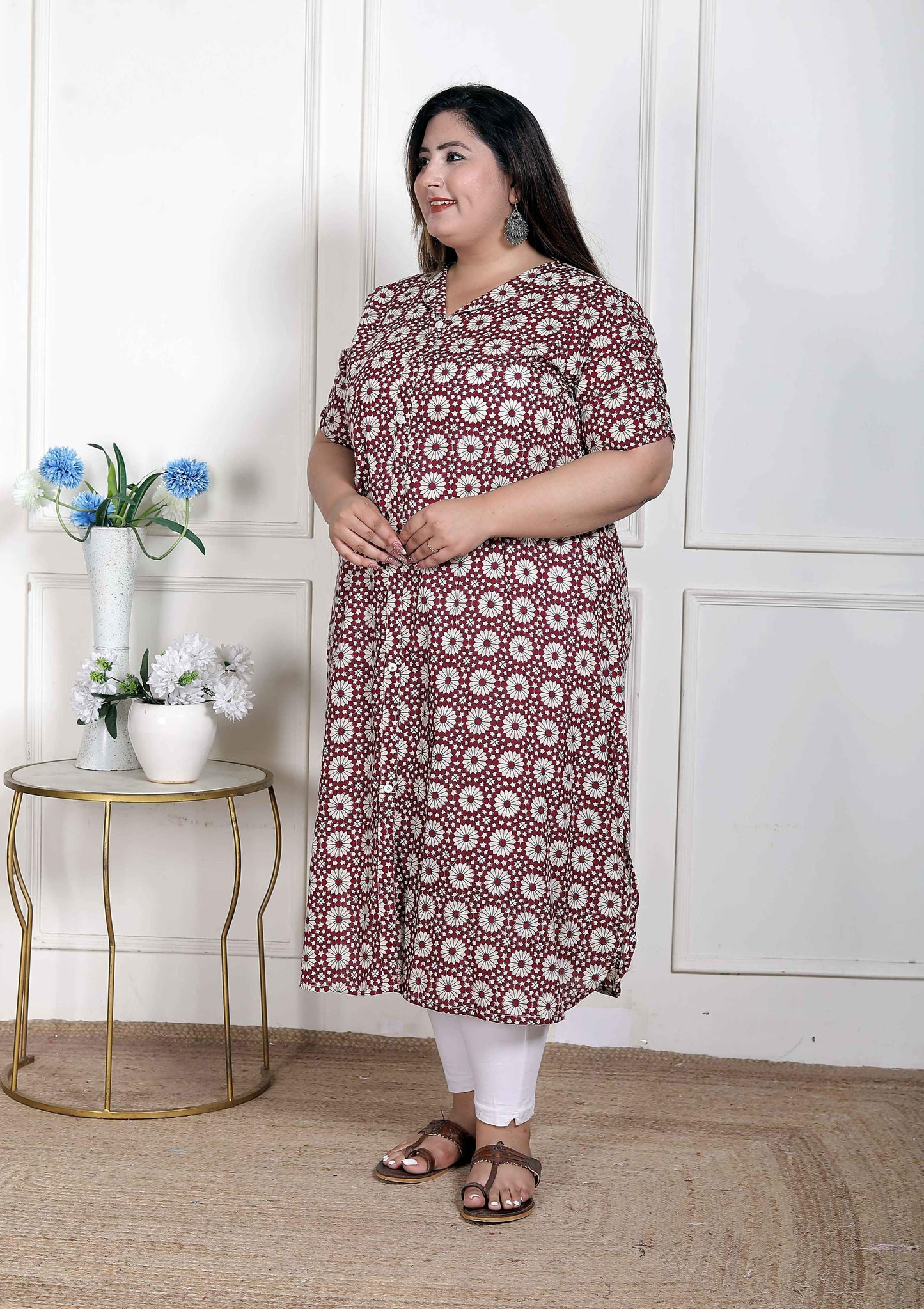 Miravan Women's Plus Size Cotton Floral Printed Cream A-Line Kurta with Buttons