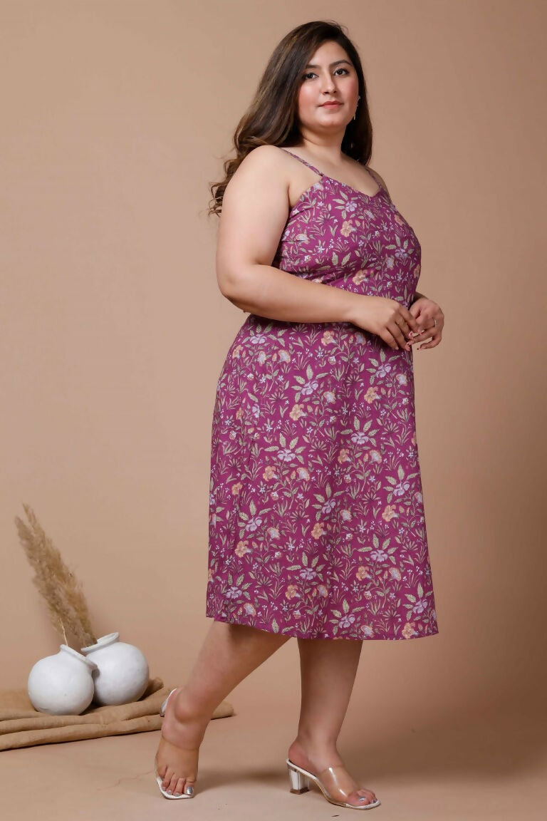 Miravan Women's Plus Size Purple Floral Printed Shoulder Strap Midi Dress