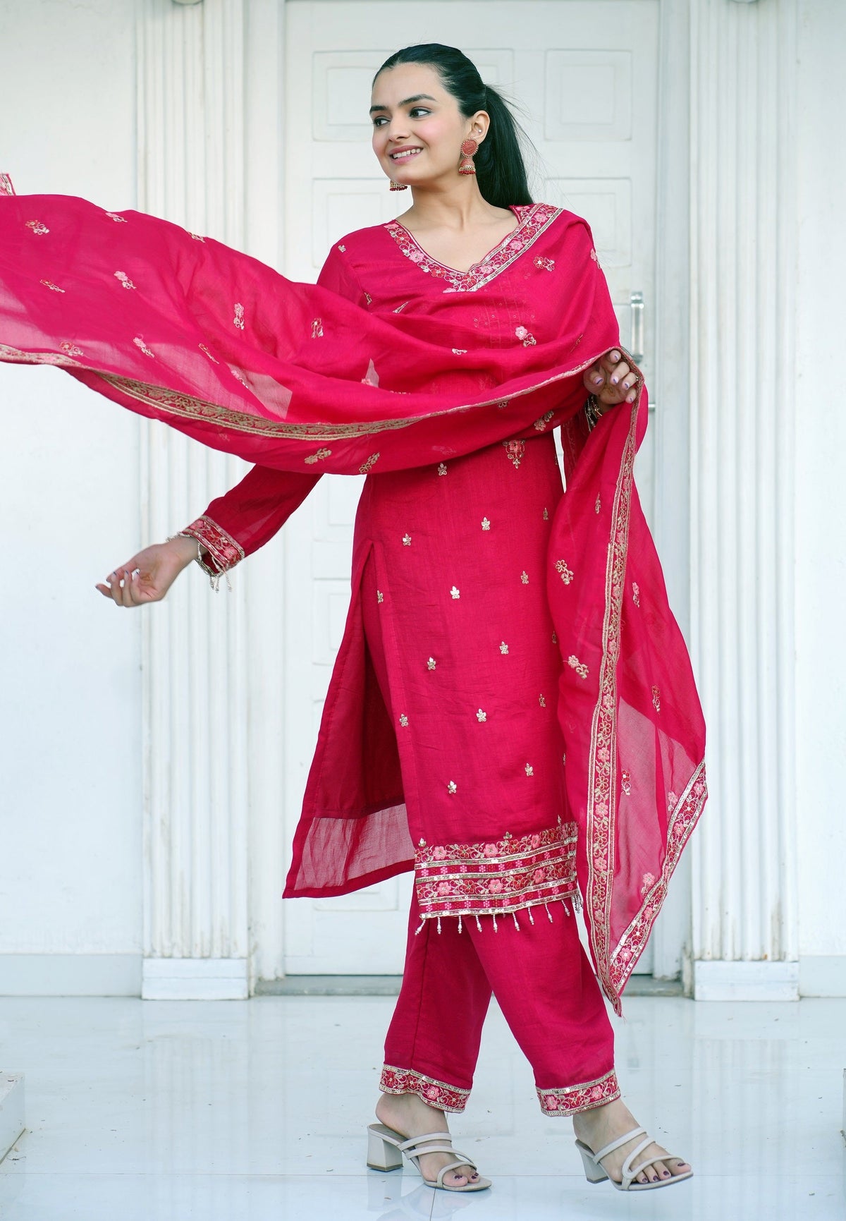 Lehenga Mart Designer Vichitra Suit With Sequence Embroidered Work - Pink