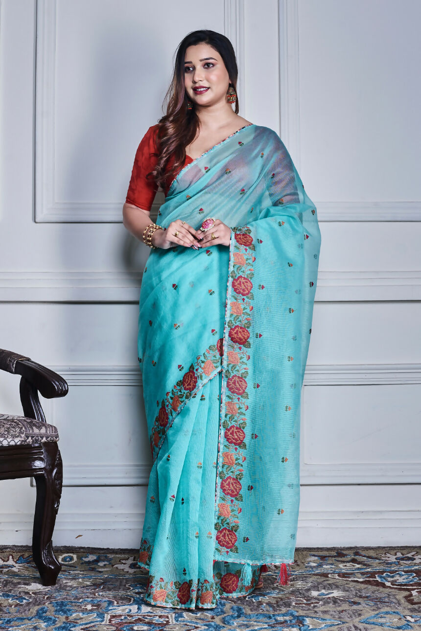 Morchari Green Supernet Cross Stitched Embroidery Saree Unstitched Blouse
