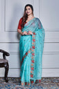Morchari Green Supernet Cross Stitched Embroidery Saree Unstitched Blouse
