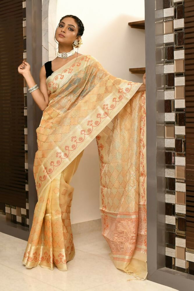 Joban Fashion Light Orange Saree Kota Tissue With Embroidery And Applick Anchal