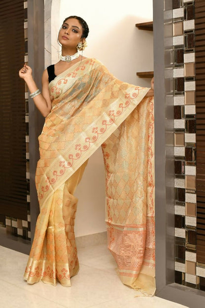 Joban Fashion Light Orange Saree Kota Tissue With Embroidery And Applick Anchal