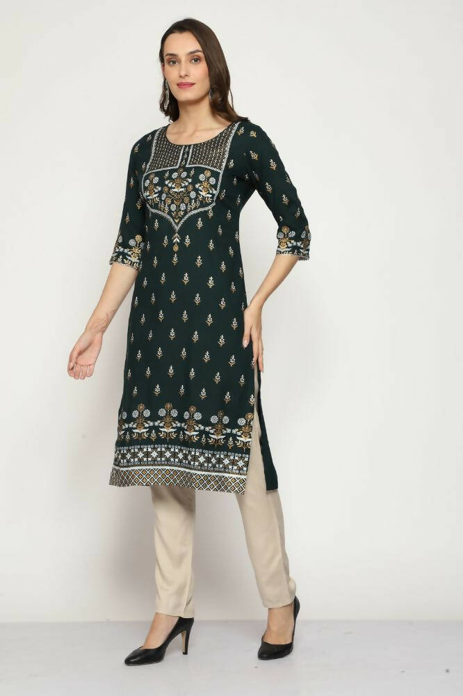 Maai Rayon Hand Printed Kurta Green