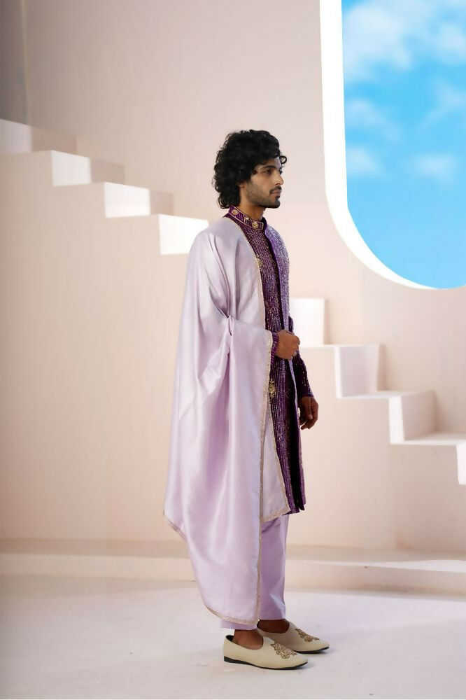 Purple Elegance Sherwani With Zardosi And Gold Embellishments by Hilo Design